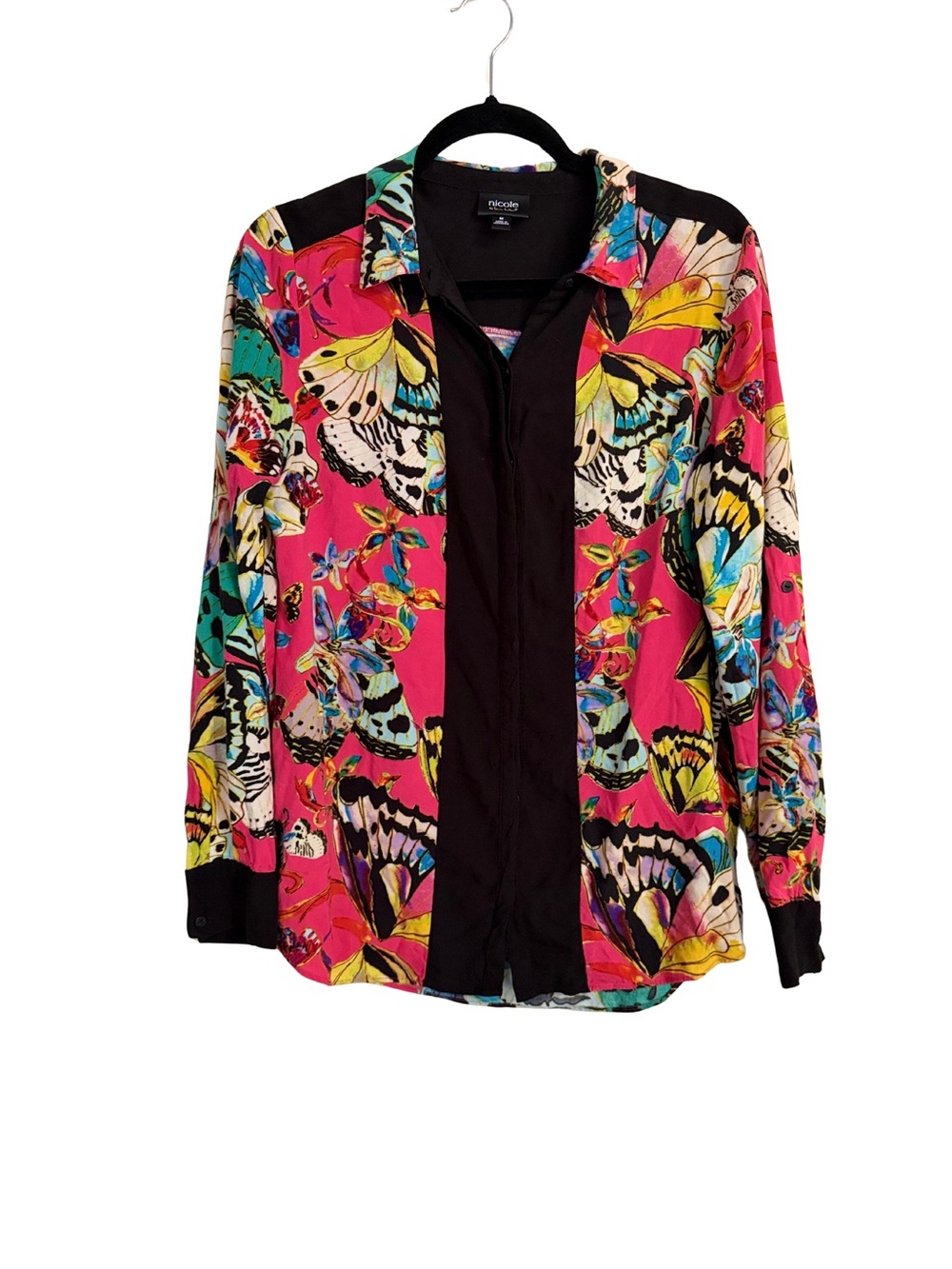 Nicole Miller Pink Butterfly Print Button-Down Top with Black Trim